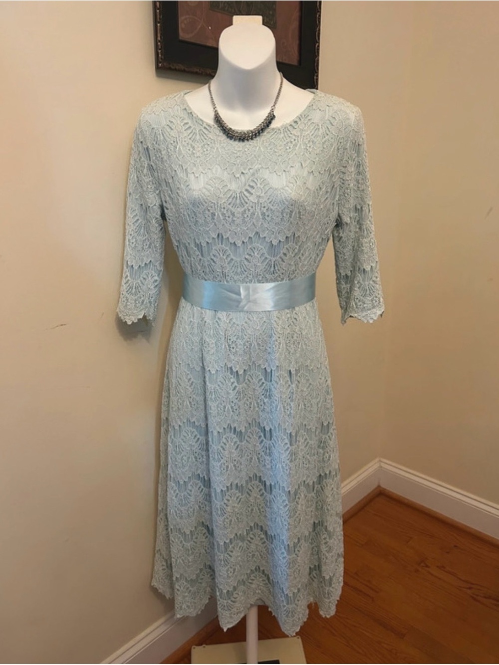 Dainty Jewells Powder Blue Lace Midi Dress with Satin Waistband